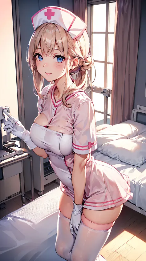 nfsw, ((((, , perfect anatomy, super detailed skin)))), 1 girl, japanese, 1, nurse, white skin, shiny skin, large breasts:1.2, watching the view, (smile:1.5), beautiful detailed eyes, (middle hair:1.1, half up:1.5), blonde hair, blue eyes, pink lips, babyf...