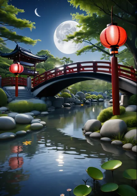 Japanese Garden、The moon is reflected in the pond、loose、Taiko Bridge、Lantern, Photorealistic、realism、Cinema Lighting