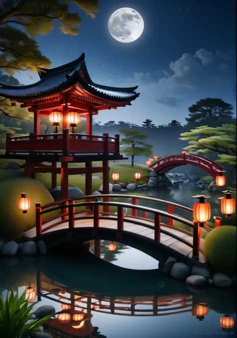 Japanese Garden、The moon is reflected in the pond、loose、Taiko Bridge、Lantern, Photorealistic、realism、Cinema Lighting