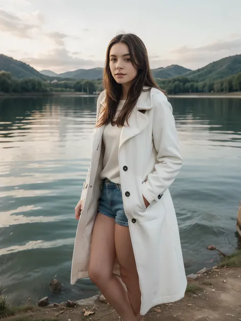 Girl White Skin with Long Coat And Leg in Lake