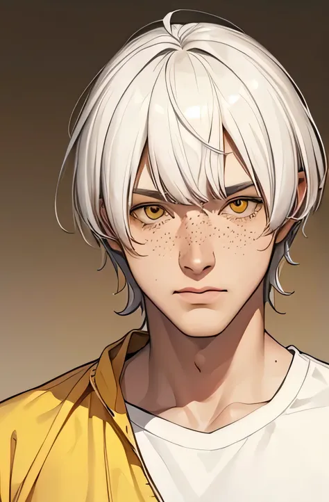 man, straight white hair, fringe, golden eyes, freckles on the face, yellow loose t-shirt, dark cargo pants.