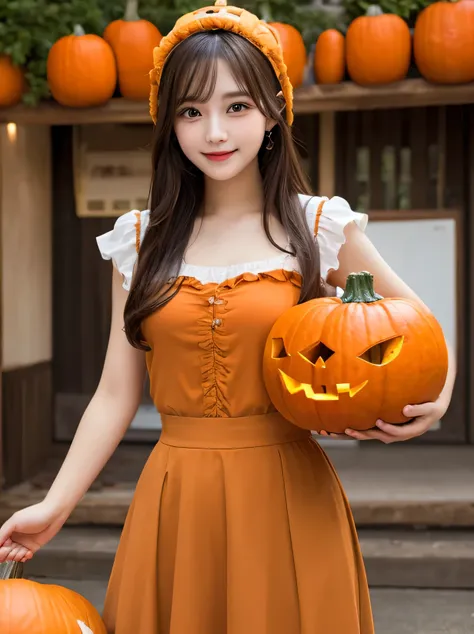 Best Quality, Very detailed, finely, High resolution, 8K wallpaper, Perfect dynamic composition, Beautiful and beautiful eyes, Medium Hair,20-year-old girl、beautiful girl、Beautiful face、cute、Perfect Style、A kind smile、Long skirt、Natural color lip,Pumpkin c...