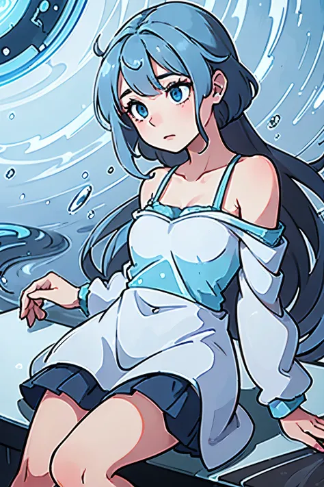 A water spirit girl with flowing blue hair and glowing blue features. The scene is from a front perspective, focusing mainly on her face as she looks downward, with her hands resting gently on the ground beside her, slightly visible from the side. Her expr...