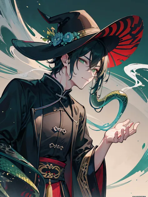 A handsome man, sly smiling, dark green eyes color, black dark turquoise hair color, a Chinese man, poison smoke, a china straw cone, a hat made from straw, smoke, animal leather clothes, Chinese clothes, a green snake, poison snake, poison incest