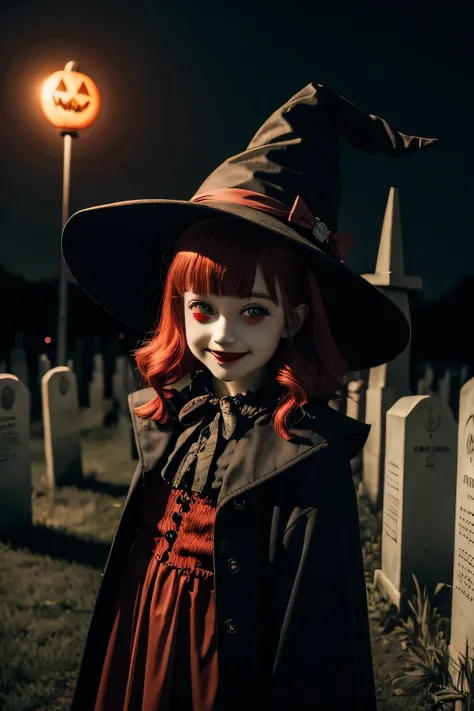 Scary little witch with clown smile, red eyes, witch hat standing in halloween cemetery at night, horrifying atmosphere