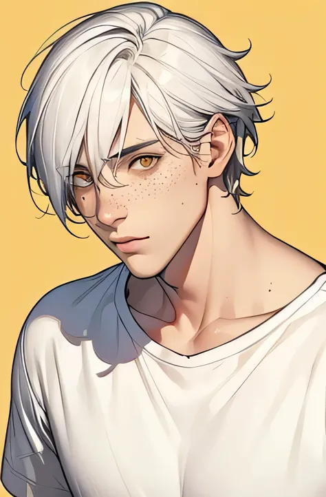 man, adult, white hair, short, messy, golden eyes, freckles on the face, yellow loose t-shirt, dark cargo pants.