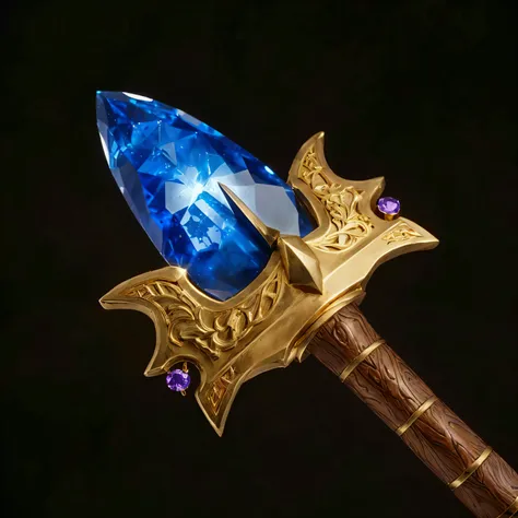 there is a blue stone on a gold sword with a purple stone, intricate fantasy spear, fantasy weapon, sword and wand – water, scepter, dazzling gem in the hilt, wizard magic staff, hearthstone weapon art, fantasy sword, medievil spear, realistic lance, warcr...