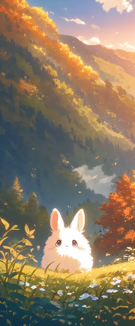 Create a close-up, animated illustration of a fluffy baby bunny sitting in a field . Emphasize the soft fur, big eyes, and twitching nose of the bunny. The background should be a gentle, highlighting the cuteness and innocence of the baby bunny, by makoto ...