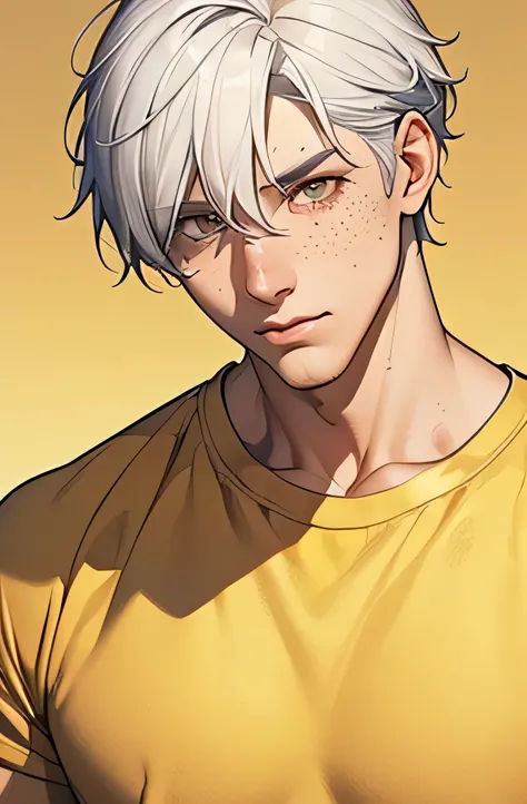 man, adult, white hair, short, messy, golden eyes, freckles on the face, yellow loose t-shirt, dark cargo pants.