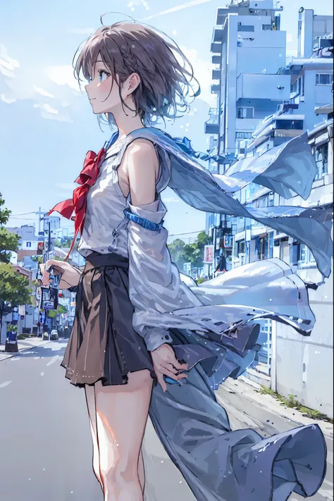 (Best Quality:2.0), ([profile:1.5), (Red face:1.3), (Realistic:1.5), 1 , rooftop、Tokyo Skytree、The wind is blowing strongly，Concept Art、masterpiece、High resolution、Photographed from the front、There are no people，Embarrassed look, smile, Very nice girl, Inn...