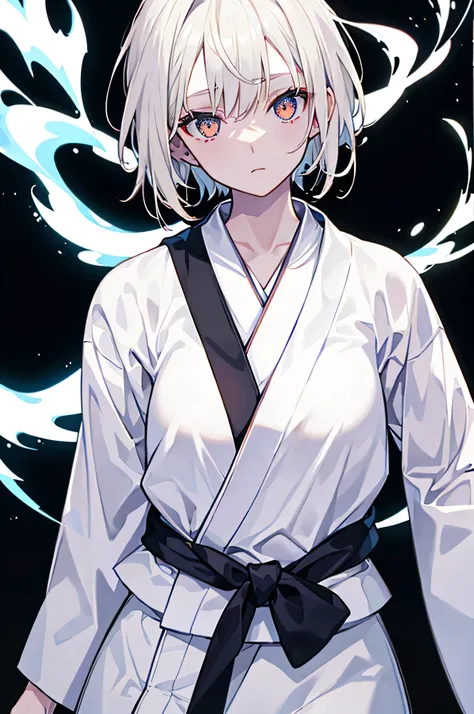 Beautiful girl in white judogi, blonde very short hair, Alone, (best quality, 8k, super detailed, sharp focus), piercing black eyes, (glowing eyes: 1.4), glittering hair, Japanese judogi, ((dark black background without lighting)), wearing no innerwear (((...