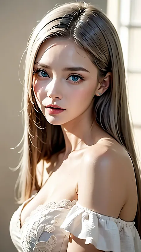 Best Quality、masterpiece、RAW Photos、Film Grain、８ｋ、Ultra-high resolution、Very beautiful albino woman、Pale blue eyes、Very lightly pigmented eyes、Eyelashes Eyebrows Gray hair、Long, silky white hair、Straight Hair、Pure white skin、off-the-shoulder white dress、Si...