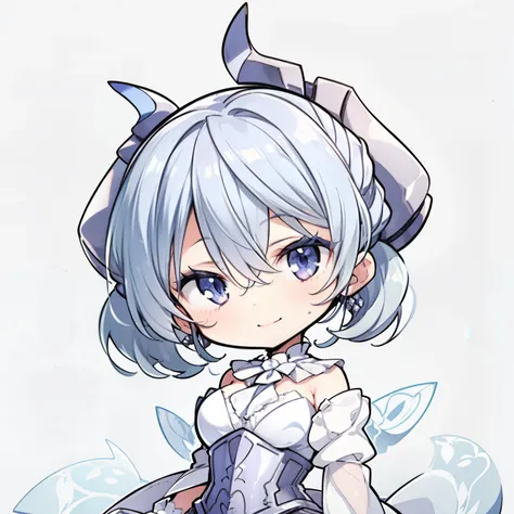 Silver short hair, Silver Horn,  White Dress, White Cape, Puffed sleeves, White gloves, silver corset, 

smile、
Chibi Character、

Simple Background、

Written boundary depth、
((Best Quality, High resolution, Pixel perfect, 4K)), (1 girl), (Beautiful Anime G...