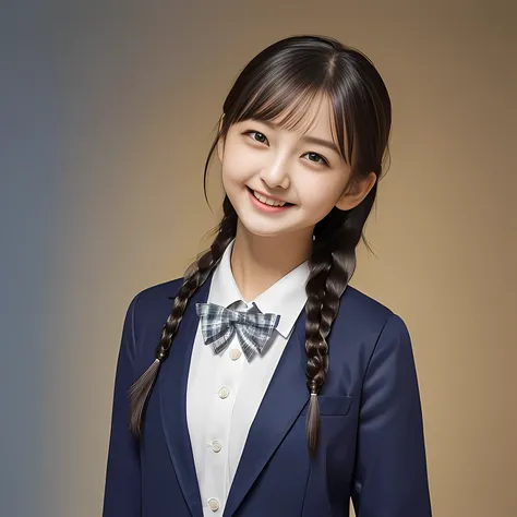 (Highest quality, masterpiece:1.2), Highest quality, High resolution, 1080P, 8k, height: 158cm, Solo, (Alone, A noble, graceful and intelligent kawaii 13yo Japanese pure-clear-white-skin a-pair-of-braid girl is smiling at me with extreme beatitude, express...