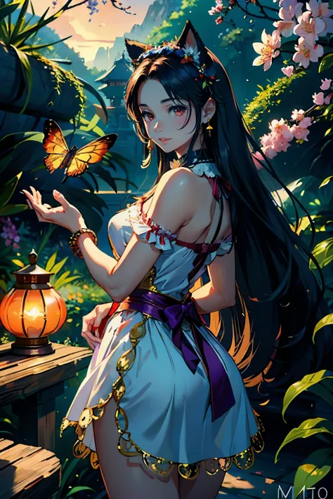 (highest quality, masterpiece, High resolution)、(anime art)、bright light、brown eyes、(Cat ear)、long hair、hair ornaments、choker、Cute face details、enchanting smile、small breasts、whole body、((sakura tropical background))、 purple gold dress outfit,  purple gold...