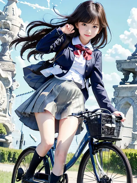 (masterpiece, Best Quality:1.2), 8k, Young and beautiful girl, (((RAW Photos:1.4))), Baby Face、(Big Breasts:1.4), ( :1.3), One girl riding a bicycle, Alone、High school girl、Uniform、(from the front)、blue sky, Cumulonimbus, Grassland Background, White tiny p...