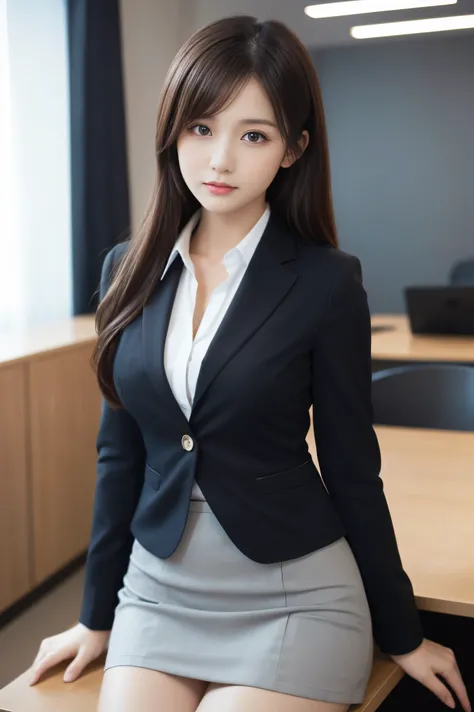(1womanl), Beautiful, (Best Quality:1.4), (Ultra-detailed), (extremely detailed CG unified 8k wallpaper), Highly detailed, High-definition raw color photos, Professional Photography, Amazing face and eyes, makeup, (amazingly beautiful girl), ((Business Sui...