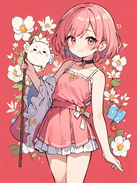 High resolution, masterpiece, Anatomically correct, Best Quality, One girl, smile、Blushing、Short Hair、Large, wide eyes、Smaller breasts、Small breasts、Pink Hair,Choker、Heart symbol、Shooting from behind、back、Simple Background、Chinese dress、Shoulders stick out...