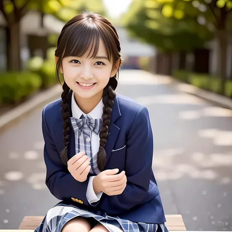 (Highest quality, masterpiece:1.2), Highest quality, High resolution, 1080P, 8k, height: 158cm, Solo, (Alone, A noble, graceful and intelligent kawaii 13yo Japanese pure-clear-white-skin a-pair-of-braid girl is seated and smiling at me with extreme beatitu...