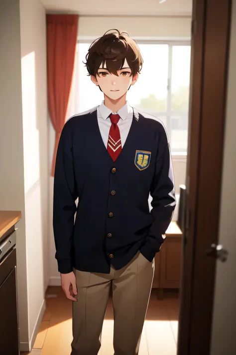 A 20-year-old man with short hair, brown hair, brown eyes, wearing a school uniform, standing in a house.