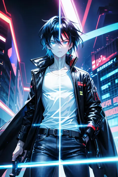 Anime style futuristic cyberpunk background at night. A tall boy with a white shirt, black jeans and black jacket outlined with neon blue strips.  the left eye having a blue iris and the right eye with a red iris emanating a semi translucent red flame and ...