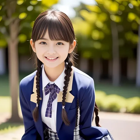 (Highest quality, masterpiece:1.2), Highest quality, High resolution, 1080P, 8k, height: 158cm, Solo, (Alone, A noble, graceful and intelligent kawaii 13yo Japanese pure-clear-white-skin a-pair-of-braid famous fashion model is seated and smiling at me with...