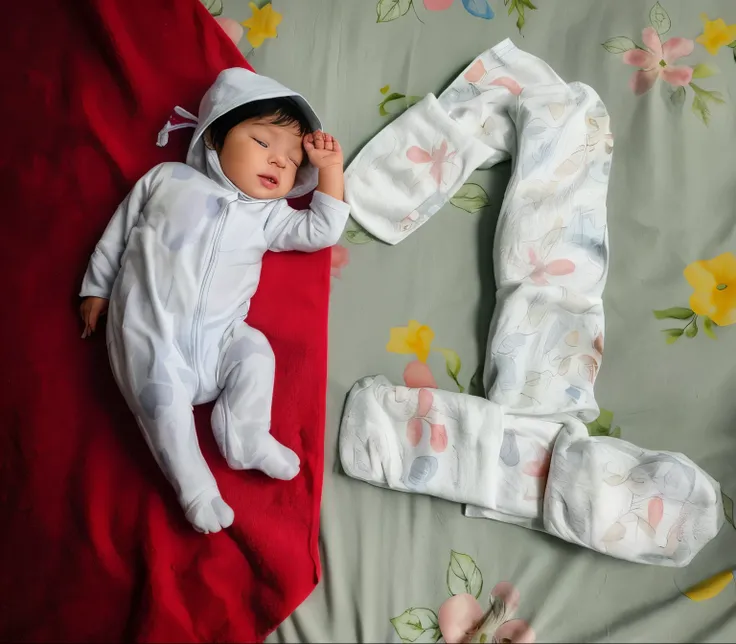 Remove the background and make it look like the baby and 1 shape is lying on a white towel on a printed bedsheet 