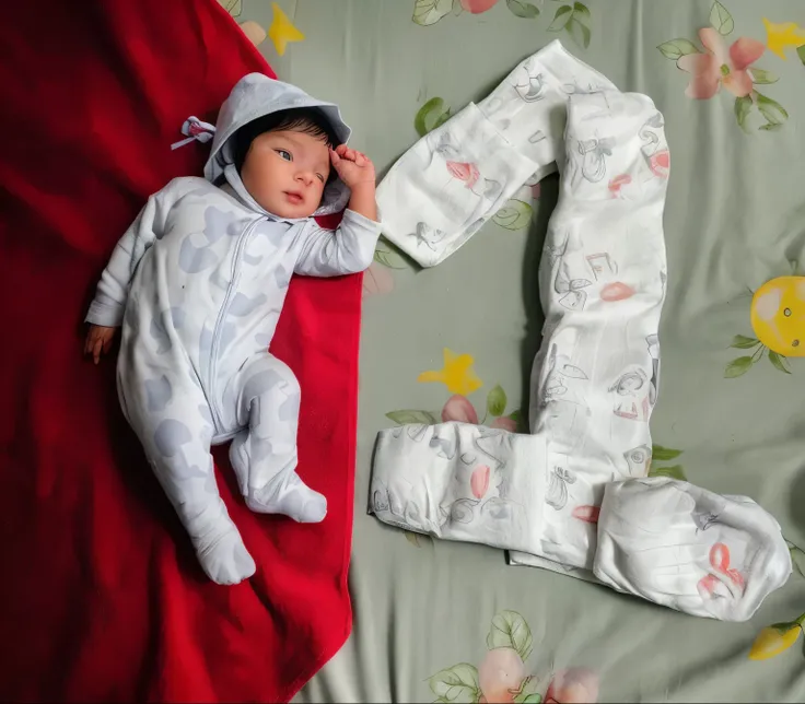 Remove the background and make it look like the baby and 1 shape is lying on a white towel on a printed bedsheet 