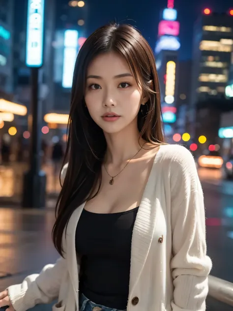 of Misaki,Cyberpunk,One girl,Alone,Long Hair,Blurred,Neon Light,looking at viewer,Cyberpunk,Black Hair,Blurred background,Open lipslipsupper bodydepth of field,SF,jacket,Outdoor,Black Eyes,
One girl,Best Quality,masterpiece,an extremely delicate and beauti...