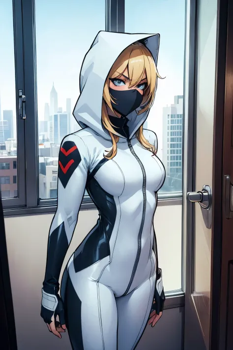 blonde girl with a hood, ninja, sexy tight suit, lost look, loneliness, window, looking at the window, comic style, white suit , winter