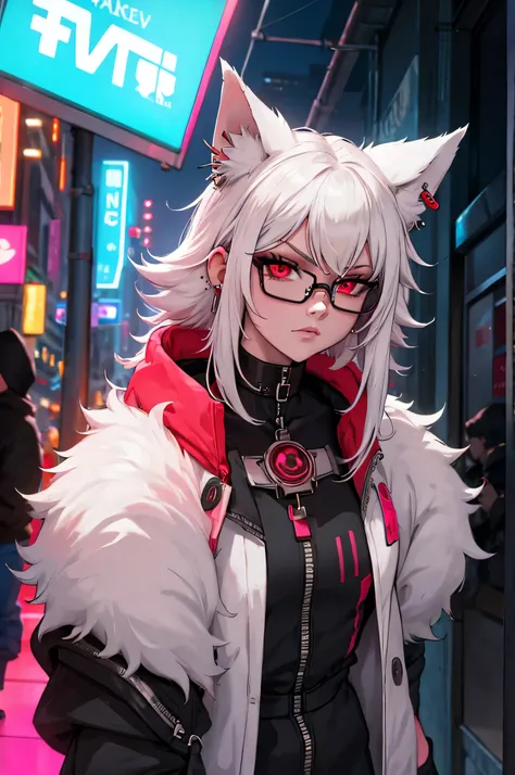 neon city, cypberpunk, wolf boy, white fur, red eyes, collar, rings, glasses, ear piercings, rich,