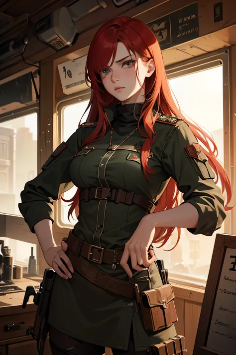 a russian female with long red hair, brown eyes, serious expression, working as a gunsmith with an RV in a post-apocalyptic setting, detailed face, beautiful detailed eyes, beautiful detailed lips, extremely detailed face, intricate details, cinematic ligh...