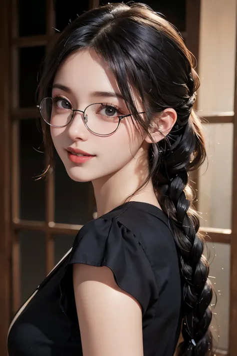 ((masterpiece)), ((best quality)), ((ultra-detailed)),((hyperrealistic)),(japanese cute girl),(shiny skin),1 ladyl,(black hair),long hair,braid hair,(black eyes,tareme,droopy eyes),(slenderbody),,glasses, happy smile, open mouth,from side,
