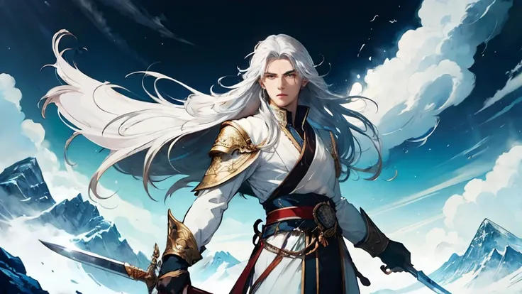 An immortal male swordsman, with a majestic and powerful demeanor. He was tall, with long white hair fluttering in the wind, sharp eyes like an eagle, and a deep gaze. His face was angular and cold. His white clothes, embroidered with exquisite patterns in...