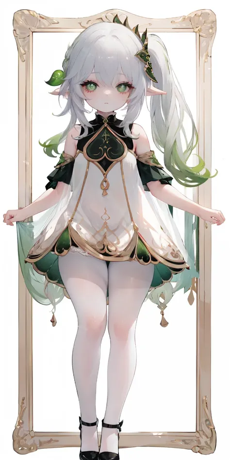 Thick thighs,Nahida,, child, ,child, flat chest, fullbody,pantyhose, head to toe capture on the frame,thick thighs, thick thigh, lolitoes, thick thighs, pantyhose, camisole, transparent dress,standing straight,white background, cute girl, cute  , one piece...