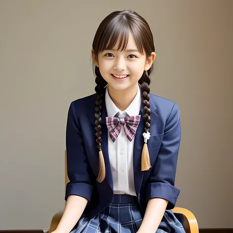 (Highest quality, masterpiece:1.2), Highest quality, High resolution, 1080P, 8k, height: 158cm, Solo, (Alone, A noble, graceful and intelligent kawaii 13yo Japanese too-white-skin a-pair-of-braid 1980s famous actress is seated and being interviewed and smi...