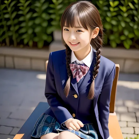 (Highest quality, masterpiece:1.2), Highest quality, High resolution, 1080P, 8k, height: 158cm, Solo, (Alone, A noble, graceful and intelligent kawaii 13yo Japanese too-white-skin a-pair-of-braid 1990s popular Japanese idle is seated and being interviewed ...