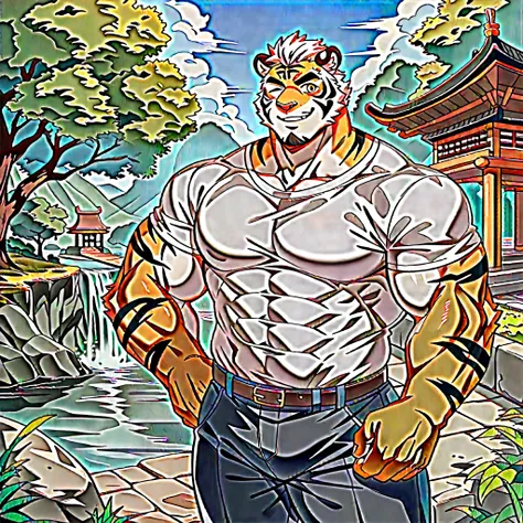 Scribble tiger face,Human(tiger),(White shirt:1.3),Muscular,(Black eyebrows:1.1),(White hair)，（Perfect golden eyes）,Orange fur，White belly，（artist:Takemoto Arashi），Ancient Town，River Water，Standing on the bridge，Turn sideways，（white beard:1.3），（Hips raised...