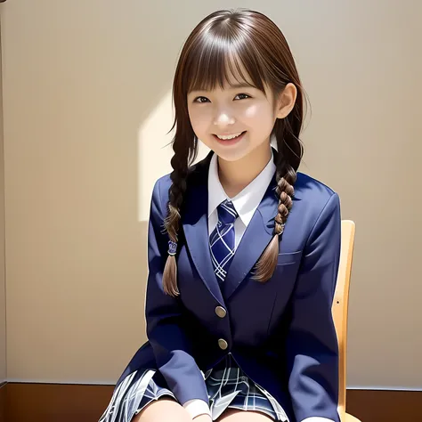 (Highest quality, masterpiece:1.2), Highest quality, High resolution, 1080P, 8k, height: 158cm, Solo, (Alone, A noble, graceful and intelligent kawaii 13yo Japanese too-white-skin a-pair-of-braid 1990s popular Japanese idle is seated and being interviewed ...