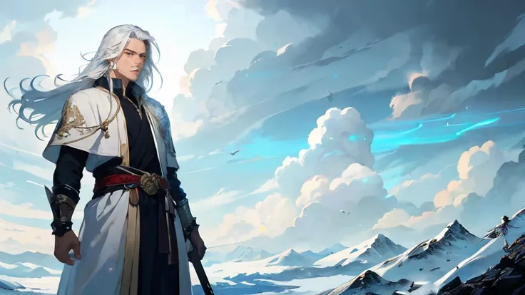 An immortal male swordsman, with a majestic and powerful demeanor. He was tall, with long white hair fluttering in the wind, sharp eyes like an eagle, and a deep gaze. His face was angular and cold. His white clothes, embroidered with exquisite patterns in...