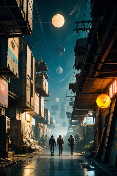 a poor cyberpunk slum city inside a space station, on a street in the middle of this gigantic slum and the sky appearing ultra-realistic