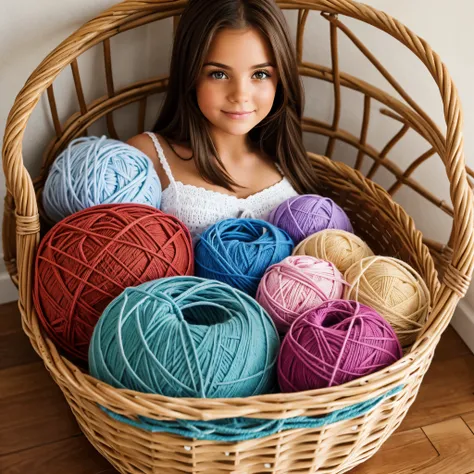 Brunette girl in a crochet basket with yarn 