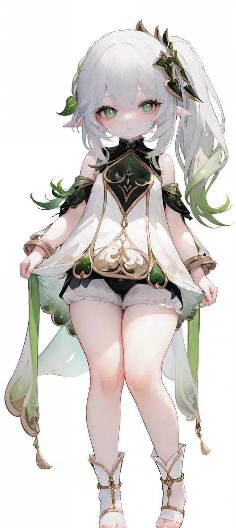 Thick thighs,Nahida,, child, ,child, flat chest, fullbody, head to toe capture on the frame,thick thighs, thick thigh, lolitoes, thick thighs, bloomers,standing straight,white background, cute girl, cute  , one piece uniform 