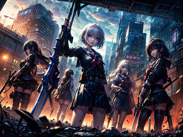 High resolution, number々Awards, Ultra high definition, Textured skin, retina, 
masterpiece(bestquality),Very detailed,Super detailed,4 Girl, （Four high school girls posing with weapons.:1.4）(Gangster Paradise:1.2)（robot）(Cyber city landscape:1.2,Natural Li...