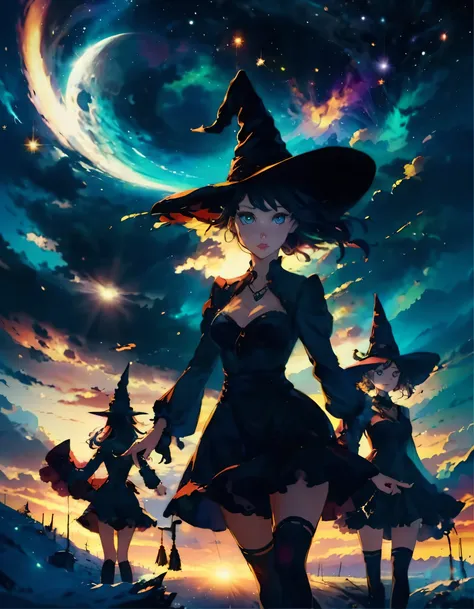 group of sexy witches, witch hat, flying on broomsticks through a starry sky, their silhouettes illuminated by the shimmering au...