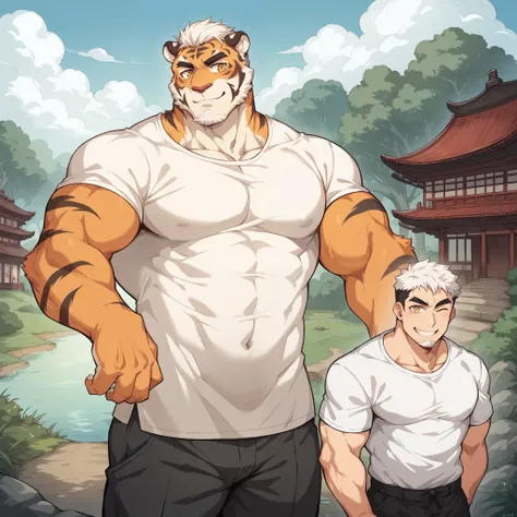 scribble tiger face,human(tiger),(white shirt:1.3),muscular,(black eyebrows:1.1),(white hair)，（perfect golden eyes）,orange fur，w...