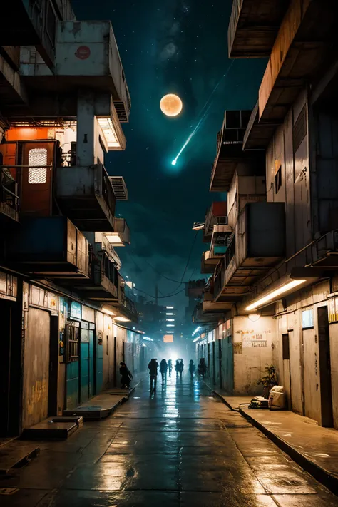 a cyberpunk favela inside a gigantic space station, from a street perspective in the middle of this favela and the night sky appearing through the gigantic windows of the ultra-realistic ship