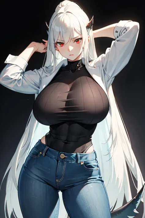 She is a white shark hybrid. She is an extremely tall woman. She has long grey straight hair and red eyes. She wears a blue jacket, shirt under it and jeans. She is quite muscular. Her expression is unreadable and emotionless. She has a huge white shark ta...