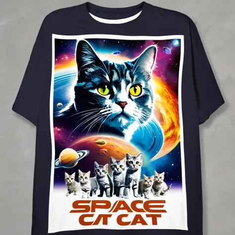 Space Cat T-Shirt, Movie poster style,5 cats, Face only, title[Spase cat]