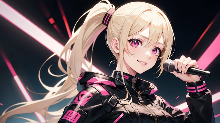 1 Adult woman, ponytail blonde hair, pink eyes, cyber leather, holding microphone, smile, concert